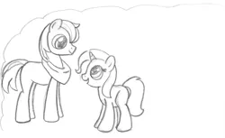 Size: 1185x726 | Tagged: safe, artist:midwestbrony, derpibooru import, big macintosh, trixie, earth pony, pony, colt, filly, male, monochrome, stallion, traditional art, younger