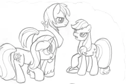 Size: 1182x787 | Tagged: safe, artist:midwestbrony, derpibooru import, applejack, big macintosh, trixie, earth pony, pony, female, male, mare, monochrome, shipping, stallion, straight, traditional art, trio, trixmac