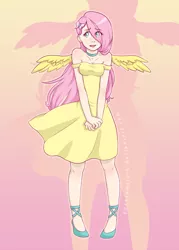 Size: 1500x2100 | Tagged: artist:pettankoprincess, blushing, choker, clothes, cute, derpibooru import, dress, fluttershy, hairclip, hair over one eye, high heels, human, humanized, looking away, open mouth, safe, shy, smiling, solo, spread wings, sundress, winged humanization
