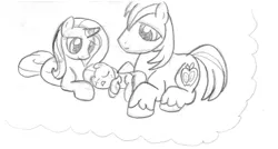 Size: 1192x640 | Tagged: safe, artist:midwestbrony, derpibooru import, big macintosh, trixie, earth pony, pony, foal, male, monochrome, offspring, parent:big macintosh, parent:trixie, parents:trixmac, pencil drawing, shipping, stallion, straight, traditional art, trixmac