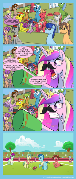 Size: 1293x3048 | Tagged: semi-grimdark, artist:edowaado, derpibooru import, big macintosh, carrot cake, pokey pierce, princess cadance, spike, oc, oc:brownie bun, earth pony, pony, american football, angry, comic, crying, gem helmet, helmet, hoofball, male, moustache, serious business, sports, stallion, vulgar