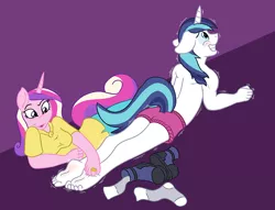Size: 956x730 | Tagged: suggestive, artist:caroo, derpibooru import, princess cadance, shining armor, anthro, plantigrade anthro, barefoot, boxers, butt, clothes, domdance, feet, female, femdom, floppy ears, foot fetish, good clean married tickles, image, male, male feet, malesub, png, shieldbutt, shiningcadance, shiningsub, shipping, socks, soles, straight, submissive, tickle torture, tickling, topless, underwear