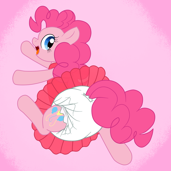 Size: 1500x1500 | Tagged: questionable, anonymous artist, artist:fillyscoots42, derpibooru import, pinkie pie, earth pony, pony, bipedal, clothes, cute, diaper, diaper fetish, diapinkes, female, happy, looking back, mare, pink background, poofy diaper, simple background, solo, solo female, tutu, walking