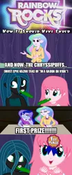 Size: 540x1294 | Tagged: safe, derpibooru import, princess celestia, princess luna, queen chrysalis, oc, oc:fluffle puff, equestria girls, rainbow rocks, canon x oc, chrysipuff, female, hishe, how it should have ended, image macro, kazoo, lesbian, meme, musical instrument, parody, principal celestia, shipping, vice principal luna