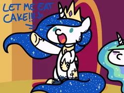 Size: 1280x960 | Tagged: safe, artist:flutterluv, derpibooru import, princess celestia, princess luna, alicorn, pony, bodypaint, cute, dialogue, disguise, duo, fake cutie mark, impersonating, marie antoinette, newbie artist training grounds, open mouth, paint, paint on fur, painting characters, seems legit, sitting, smiling, solo focus, throne, unamused