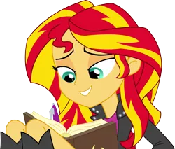 Size: 2199x1872 | Tagged: safe, artist:sketchmcreations, derpibooru import, sunset shimmer, equestria girls, rainbow rocks, clothes, inkscape, journal, leather jacket, looking down, pen, simple background, sitting, solo, transparent background, vector, writing