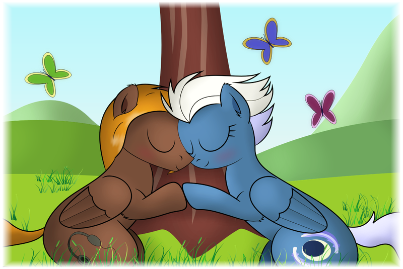 Size: 1115x745 | Tagged: safe, artist:bluemeganium, derpibooru import, night glider, oc, oc:mellow rhythm, blushing, canon x oc, cuddling, shipping, snuggling, tree