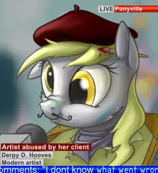 Size: 680x746 | Tagged: safe, artist:dryayberg, derpibooru import, derpy hooves, pegasus, pony, cute, derpabetes, female, mare, microphone, news, paintbrush, scrunchy face, solo