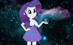 Size: 1024x640 | Tagged: safe, artist:sketchmcreations, derpibooru import, vector edit, rarity, equestria girls, rainbow rocks, clothes, earth, giantess, goddess, hand on hip, incredulous, macro, skirt, solo, space, stars, wristband