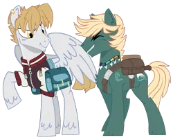 Size: 1201x972 | Tagged: safe, artist:dbkit, derpibooru import, oc, oc:hightide, oc:ollie airwalk, unofficial characters only, backpack, necklace, offspring, parent:derpy hooves, parent:dumbbell, parent:hoops, parent:rainbow dash, parents:ditzyhoops, parents:dumbdash, simple background, story included, transparent background
