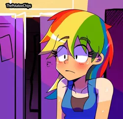 Size: 960x926 | Tagged: safe, artist:potatoochips, derpibooru import, rainbow dash, human, blushing, humanized, questionable source, reaction image