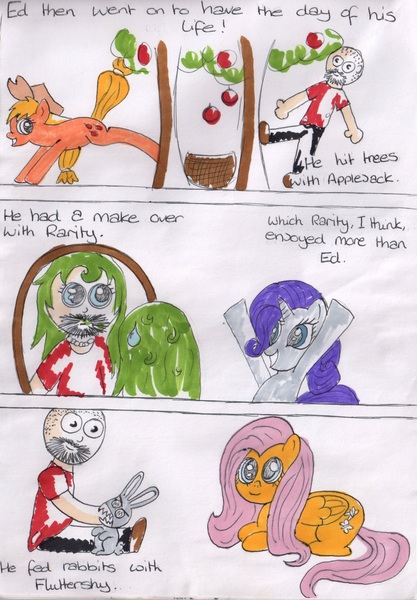 Size: 1724x2480 | Tagged: angel bunny, applebucking, applejack, artist:a_rachael_special, brony, comic, comic:ed'swildadventure, derpibooru import, ed-skar, felt tip, fluttershy, green hair, makeover, part of a series, rarity, safe, traditional art