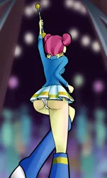 Size: 704x1164 | Tagged: suggestive, artist:ohohokapi, deleted from derpibooru, derpibooru import, majorette, sweeten sour, equestria girls, friendship games, ass, background human, boots, breasts, busty sweeten sour, clothes, crotch bulge, female, panties, rearboob, shoes, skirt, solo, solo female, suika sour, the ass was fat, underwear, upskirt, white underwear