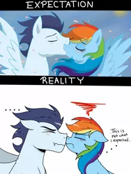 Size: 1024x1365 | Tagged: safe, artist:pimpartist101, derpibooru import, rainbow dash, soarin', pegasus, pony, ..., :t, boop, comic, cute, dashabetes, expectation vs reality, eyes closed, female, floppy ears, frown, horse problems, kissing, male, nose wrinkle, noseboop, nuzzling, scrunchy face, shipping, so close, soarinbetes, soarindash, spread wings, straight