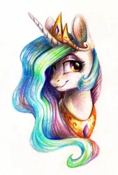 Size: 500x738 | Tagged: safe, artist:dearmary, derpibooru import, princess celestia, pony, female, mare, portrait, simple background, smiling, solo, traditional art, transparent background