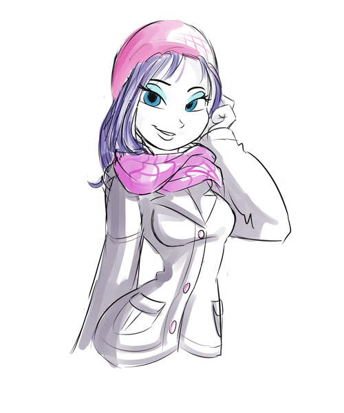 Size: 1280x1536 | Tagged: safe, artist:ponut_joe, derpibooru import, rarity, equestria girls, beanie, clothes, coat, eyeshadow, female, hat, lidded eyes, looking at you, makeup, open mouth, raised eyebrow, scarf, simple background, smiling, solo, trenchcoat