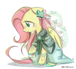 Size: 509x463 | Tagged: safe, artist:melodenesa, derpibooru import, fluttershy, pegasus, pony, blushing, clothes, dress, female, floppy ears, mare, raised hoof, simple background, smiling, solo, white background