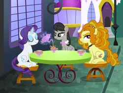 Size: 1024x768 | Tagged: safe, artist:sorryurdumb, derpibooru import, adagio dazzle, octavia melody, rarity, ponified, equestria girls, equestria girls ponified, kazumi evans, tea, tea party, teacup, teapot, voice actor joke