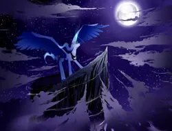 Size: 1000x761 | Tagged: safe, artist:skyeypony, derpibooru import, princess luna, cliff, cloud, cloudy, magic, moon, moonrise, solo, spread wings