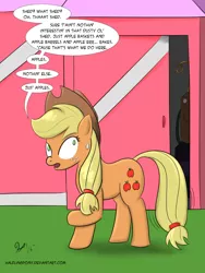 Size: 2100x2800 | Tagged: accent, applejack, artist:halflingpony, derpibooru import, distillery, liar face, liarjack, moonshine, nervous, newbie artist training grounds, safe, shed, solo, still, suspiciously specific denial, sweat