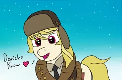 Size: 2000x1314 | Tagged: safe, artist:laserbiskit, derpibooru import, march gustysnows, pony, clothes, coat, cute, dialogue, female, hat, heart, mare, open mouth, smiling, snow, snowfall, solo, ushanka