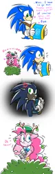 Size: 800x2500 | Tagged: :3, amy rose, anthro, artist:hoshinousagi, blushing, camouflage, caught, crossover, cross-popping veins, cute, dark sonic, derpibooru import, heart, pinkie pie, safe, shipper on deck, sonamy, sonic boom, sonicified, sonic the hedgehog, sonic the hedgehog (series), spying