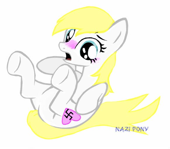 Size: 582x511 | Tagged: artist:anonymous, blonde, blushing, crying, derpibooru import, embarrassed, female, heart, legs in air, nazi, oc, oc:aryanne, on back, open mouth, sad, safe, solo, swastika, underhoof, unofficial characters only, wide eyes