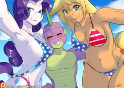 Size: 1900x1343 | Tagged: suggestive, artist:the-unicorn-lord, derpibooru import, applejack, rarity, spike, anthro, dragon, american flag, american flag bikini, amerijack, applebucking thighs, applespike, armpits, bare chest, beach, beach babe, bedroom eyes, belly button, big breasts, bikini, bikini babe, blushing, breast pillow, breasts, busty applejack, busty rarity, cleavage, clip studio paint, clothes, erect nipples, eyes closed, female, flag bikini, grin, hug, looking at you, lucky bastard, male, nipple outline, nipples, older, ot3, partial nudity, patreon, selfie, sexy, shipping, sideboob, sling bikini, smiling, sparijack, sparity, spike gets all the mares, stars and stripes, straight, stupid sexy applejack, stupid sexy rarity, swimsuit, thong swimsuit, topless, united states