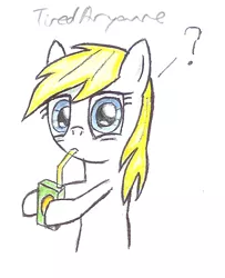 Size: 680x837 | Tagged: safe, artist:anonymous, derpibooru import, oc, oc:aryanne, unofficial characters only, earth pony, pony, bipedal, blonde, box, cute, female, holding, juice, juice box, looking at you, question mark, solo, sucking, thirsty, traditional art, upper body