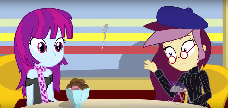 Size: 1356x646 | Tagged: safe, artist:amante56, derpibooru import, screencap, mystery mint, oc, oc:lannie lona, equestria girls, background human, beatnik, beret, clothes, ice cream, rocker, spoon, sweater, turtleneck, youtube link