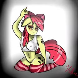 Size: 3000x3000 | Tagged: anthro, apple bloom, armpits, artist:hanzel2, bottomless, clothes, derpibooru import, earring, female, nipple outline, nipples, nudity, older, piercing, socks, solo, solo female, striped socks, suggestive, tattoo, thigh highs