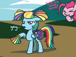 Size: 1280x960 | Tagged: alternate hairstyle, artist:flutterluv, cheerleader, clothes, derpibooru import, happy, laughing, pinkie pie, rainbow dash, rainbow falls, safe, skirt, smiling, unamused, xd, yay