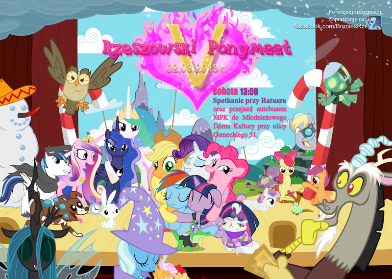 Size: 1594x1134 | Tagged: safe, derpibooru import, angel bunny, apple bloom, applejack, derpy hooves, discord, fluttershy, gummy, opalescence, owlowiscious, pinkie pie, princess cadance, princess celestia, princess luna, queen chrysalis, rainbow dash, rarity, scootaloo, shining armor, spike, sweetie belle, tank, trixie, twilight sparkle, winona, hydra, pegasus, pony, alicorn triarchy, bouquet, camera, candy, candy cane, cutie mark crusaders, dashoof, female, gala tickets, mane six, mare, micro, multiple heads, polish, poster, snowman, sombra's horn, wall of tags