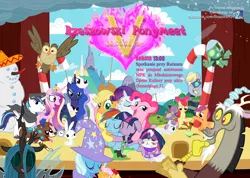 Size: 1594x1134 | Tagged: safe, derpibooru import, angel bunny, apple bloom, applejack, derpy hooves, discord, fluttershy, gummy, opalescence, owlowiscious, pinkie pie, princess cadance, princess celestia, princess luna, queen chrysalis, rainbow dash, rarity, scootaloo, shining armor, spike, sweetie belle, tank, trixie, twilight sparkle, winona, hydra, pegasus, pony, alicorn triarchy, bouquet, camera, candy, candy cane, cutie mark crusaders, dashoof, female, gala tickets, mane six, mare, micro, multiple heads, polish, poster, snowman, sombra's horn, wall of tags