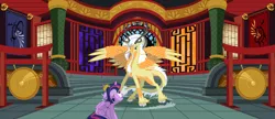 Size: 6048x2607 | Tagged: safe, artist:saturngrl, derpibooru import, twilight sparkle, twilight sparkle (alicorn), oc, oc:lord yang, alicorn, kirin, pony, winged kirin, antlers, chinese text, cloven hooves, crown, duo, emperor, female, gong, male, mare, neigh-beyul, scales, spread wings, temple, wings, yin-yang