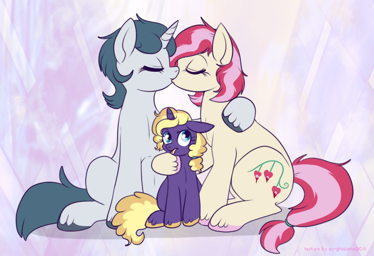 Size: 750x514 | Tagged: source needed, safe, artist:lulubell, derpibooru import, oc, oc:aquaria lance, oc:bleeding heart, oc:sundial, unofficial characters only, earth pony, pony, unicorn, disgusted, eyes closed, female, floppy ears, frown, glare, hug, kissing, lesbian, sitting, smiling, tongue out, unshorn fetlocks