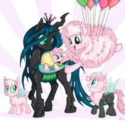 Size: 1426x1380 | Tagged: safe, artist:sorcerushorserus, derpibooru import, queen chrysalis, oc, oc:fluffle puff, changeling, changepony, hybrid, balloon, canon x oc, chrysipuff, crossbreed, cute, cutealis, family, female, interspecies offspring, lesbian, magical lesbian spawn, mommy chrissy, next generation, offspring, parent:oc:fluffle puff, parent:queen chrysalis, parents:canon x oc, parents:chrysipuff, shipping, suspended, taco costume, tongue out, underhoof, we need more of this ship