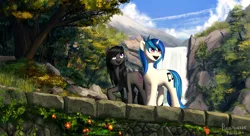 Size: 1280x697 | Tagged: safe, artist:rublegun, derpibooru import, octavia melody, vinyl scratch, earth pony, pony, unicorn, alternate hairstyle, beautiful, cute, duo, female, looking up, mare, missing accessory, mountain, nature, open mouth, outdoors, raised hoof, scenery, scenery porn, smiling, walking, waterfall