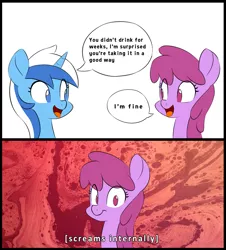 Size: 1000x1105 | Tagged: alcoholism, artist:hidden-cat, berry punch, berryshine, comic, derpibooru import, descriptive noise, dialogue, meme, minuette, safe, screaming internally, screams internally