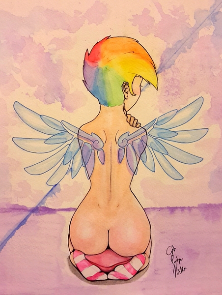 Size: 1588x2106 | Tagged: artist:captainpudgemuffin, ass, clothes, derpibooru import, female, human, humanized, nudity, pillow, plot, questionable, rainbow dash, rainbutt dash, socks, solo, solo female, spread wings, striped socks, traditional art, winged humanization, wings