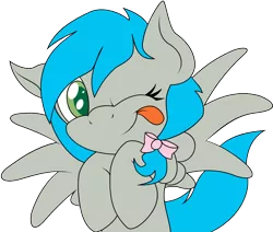 Size: 734x622 | Tagged: safe, artist:laptopbrony, derpibooru import, oc, oc:darcy sinclair, unofficial characters only, bow, cute, looking at you, simple background, solo, spread wings, tongue out, transparent background, vector, wink