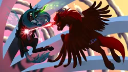 Size: 1200x680 | Tagged: safe, artist:foxenawolf, derpibooru import, queen chrysalis, oc, oc:free agent, alicorn, changeling, changeling queen, pony, fanfic:a different perspective, beam, fanfic art, fight, flying, glare, glowing horn, gritted teeth, magic, magic blast, spread wings, underhoof