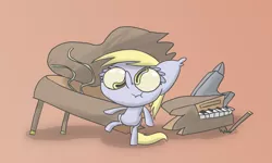 Size: 1651x993 | Tagged: safe, artist:switchy, derpibooru import, derpy hooves, pony, anvil, bipedal, piano, solo