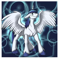 Size: 1000x1000 | Tagged: safe, artist:foxenawolf, derpibooru import, shining armor, alicorn, pony, fanfic:a different perspective, alicornified, fanfic art, prince shining armor, race swap, solo, spread wings, unshorn fetlocks