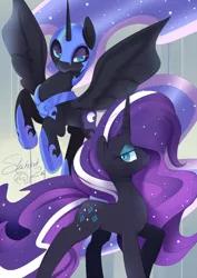 Size: 601x850 | Tagged: artist:ende26, derpibooru import, duality, flying, looking at you, nightmare moon, nightmare rarity, raised hoof, safe, self ponidox, spread wings, time paradox