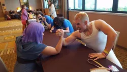 Size: 599x337 | Tagged: arm wrestling, artist:jamesalpha, artist:sugarheartart, bulk biceps, clothes, convention, cosplay, costume, derpibooru import, equestria la, human, irl, irl human, maud pie, photo, safe