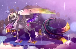 Size: 1400x900 | Tagged: safe, artist:deroko, derpibooru import, twilight sparkle, twilight sparkle (alicorn), alicorn, classical unicorn, pony, beautiful, chest fluff, colored hooves, colored wings, curved horn, ethereal fetlocks, eyes closed, female, horn, leonine tail, mare, profile, rainbow power, solo, unshorn fetlocks, wing fluff