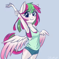 Size: 900x900 | Tagged: adoraforth, anthro, armpits, artist:silbersternenlicht, blossomforth, blushing, clothes, colored wings, cute, derpibooru import, female, gradient wings, looking at you, pegasus, safe, shorts, signature, simple background, solo, sports bra, spread wings, stretching, tanktop, wings