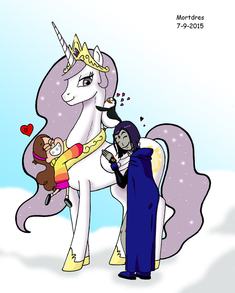Size: 1088x1359 | Tagged: adventure time, artist:mortdres, crossover, derpibooru import, eyes closed, gravity falls, grin, group hug, heart, hug, human, mabel pines, penguin, princess celestia, princess molestia, private, raven (teen titans), safe, smiling, teen titans, the penguins of madagascar, this will end in tears