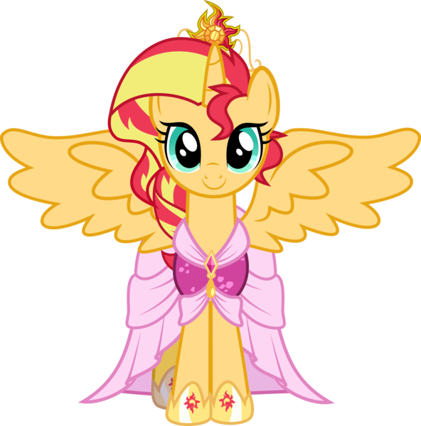 Size: 3500x3548 | Tagged: safe, artist:xebck, derpibooru import, edit, vector edit, sunset shimmer, alicorn, pony, equestria girls, magical mystery cure, alicornified, alternate universe, big crown thingy, clothes, coronation dress, crown, cute, dress, front, jewelry, looking at you, race swap, regalia, shimmerbetes, shimmercorn, simple background, smiling, solo, tiara, transparent background, vector